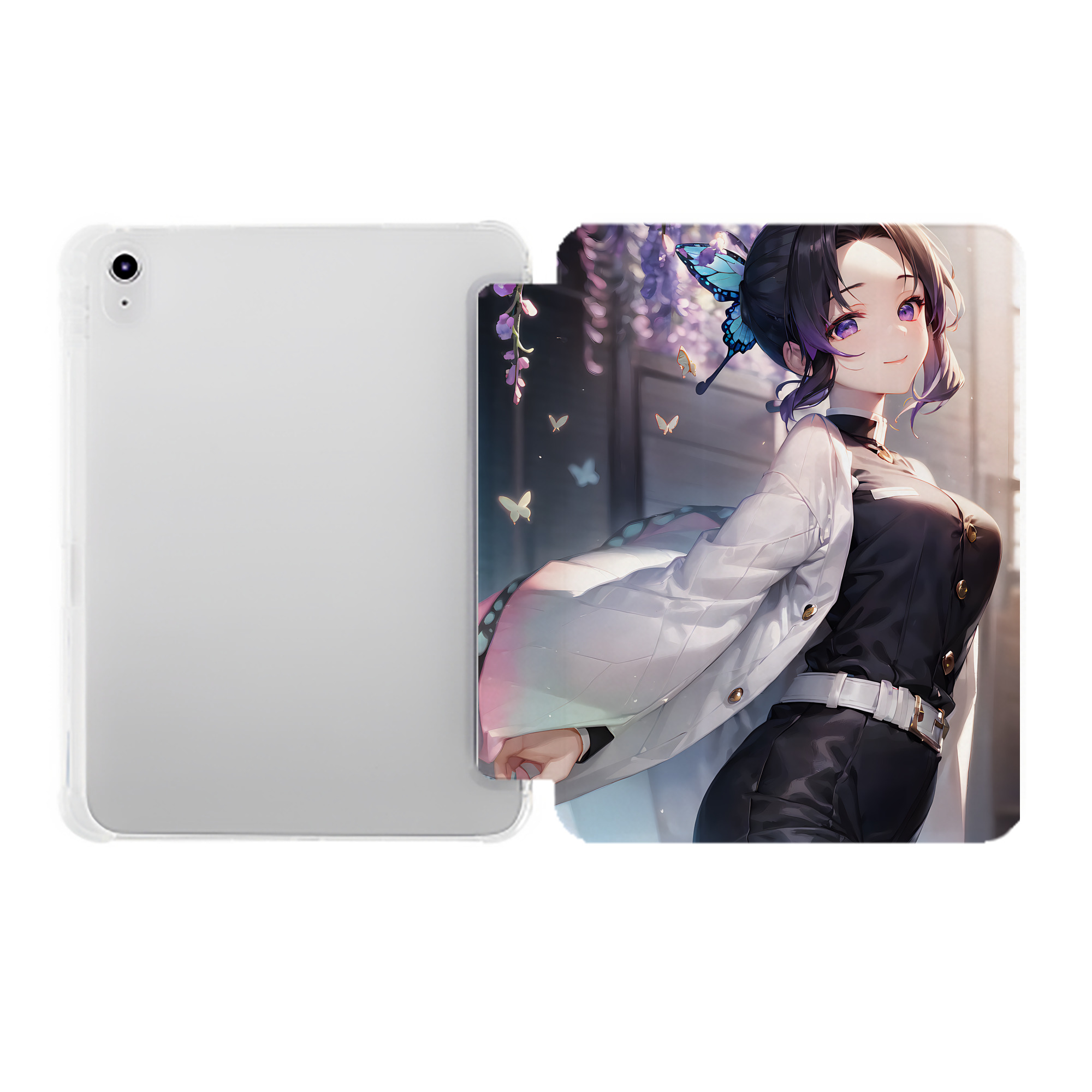 （画像用） 鬼滅の刃（きめつのやいば）蟲柱-胡蝶 しのぶ／こちょう しのぶ Kochou Shinobu IPad ケース ペン収納付き 三つ折りスタンド PUレザー×シリコン 対応機種9.5/10.5/10.9インチ